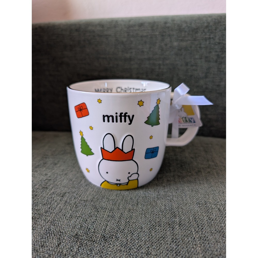 Miffy Merry Christmas Ceramic Mug Gold Trim Holiday Bunny White Kawaii Magenta